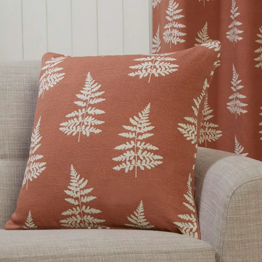 Square Filled Cushion with Fern Print - Terracotta