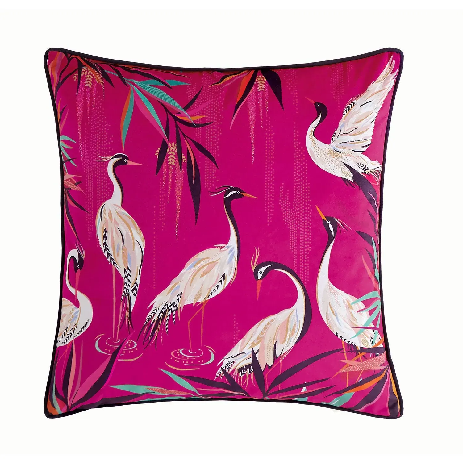 Square Heron Cushion with Feathers - Pink, Velvet
