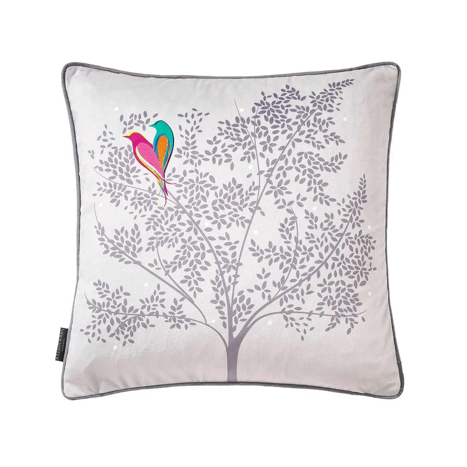 Square Love Birds Cushion - Grey, Velvet