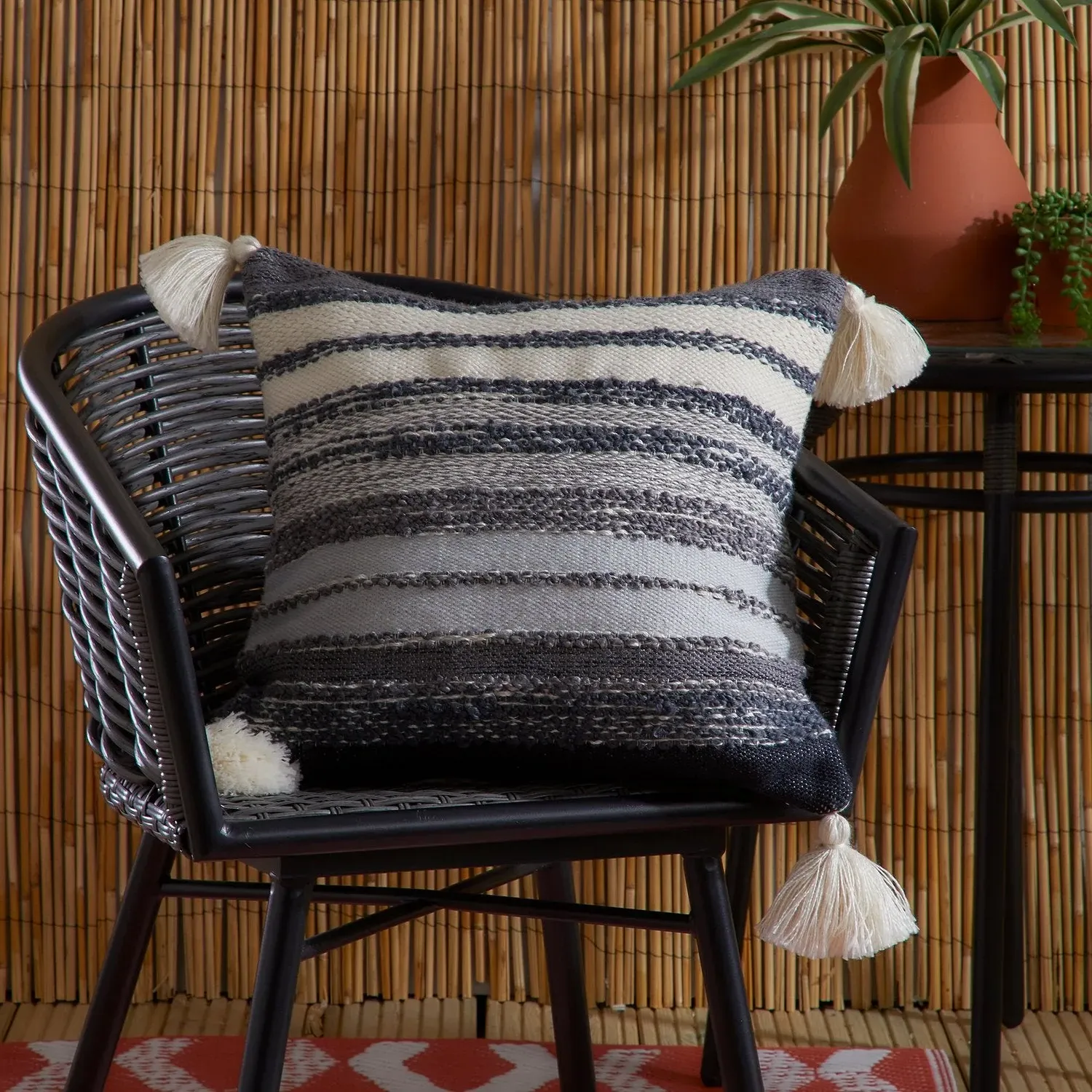 Square Outdoor Cushion with Tassels - Black, Chenille