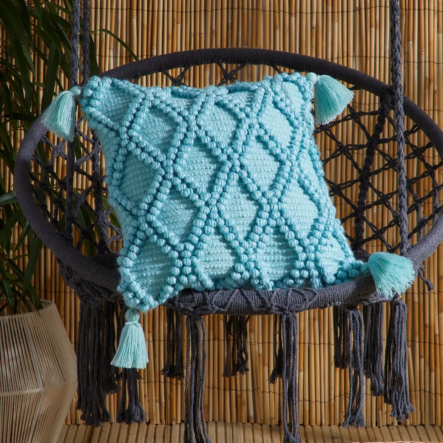 Square Outdoor Cushion with Tassels - Blue