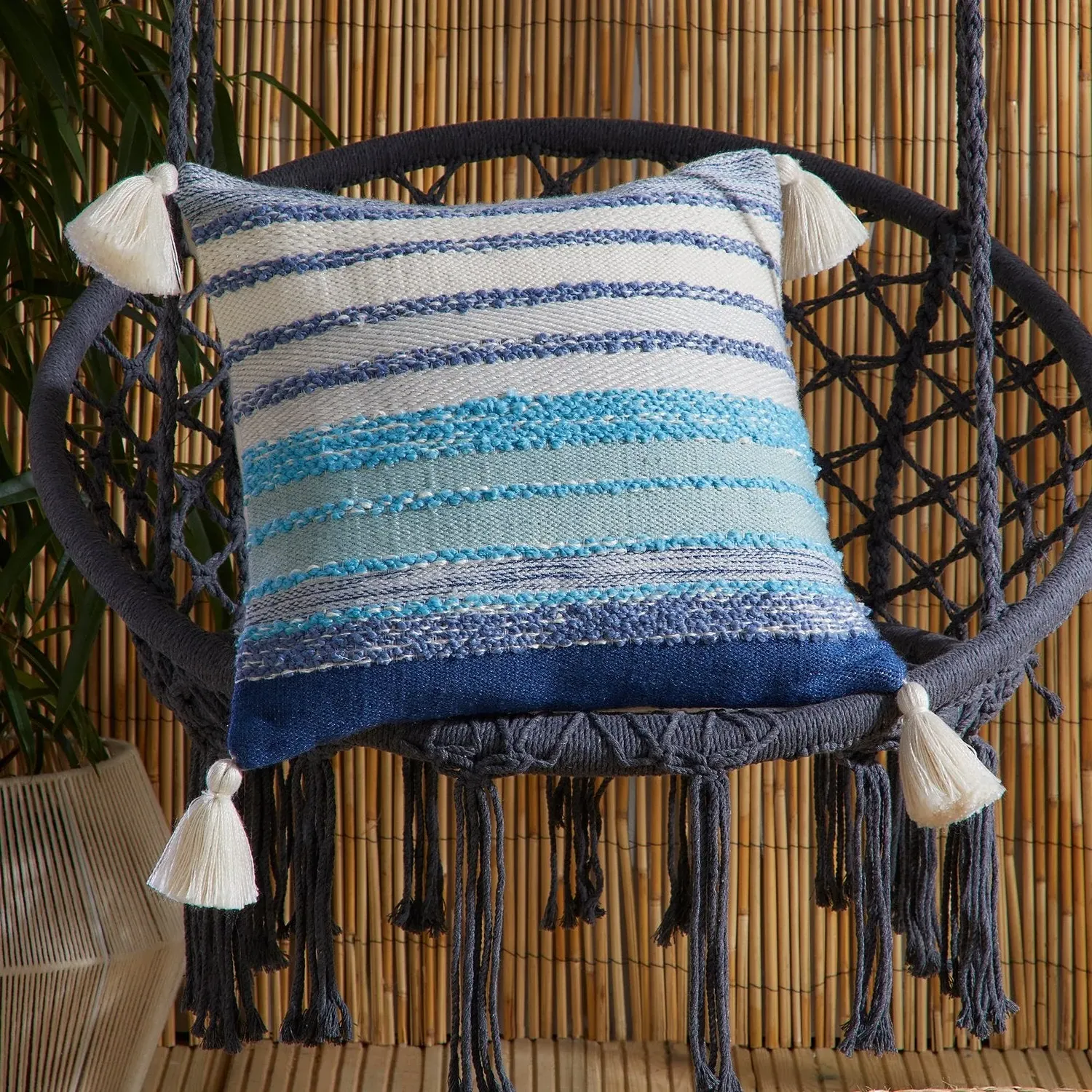 Square Outdoor Cushion with Tassels - Blue, Chenille