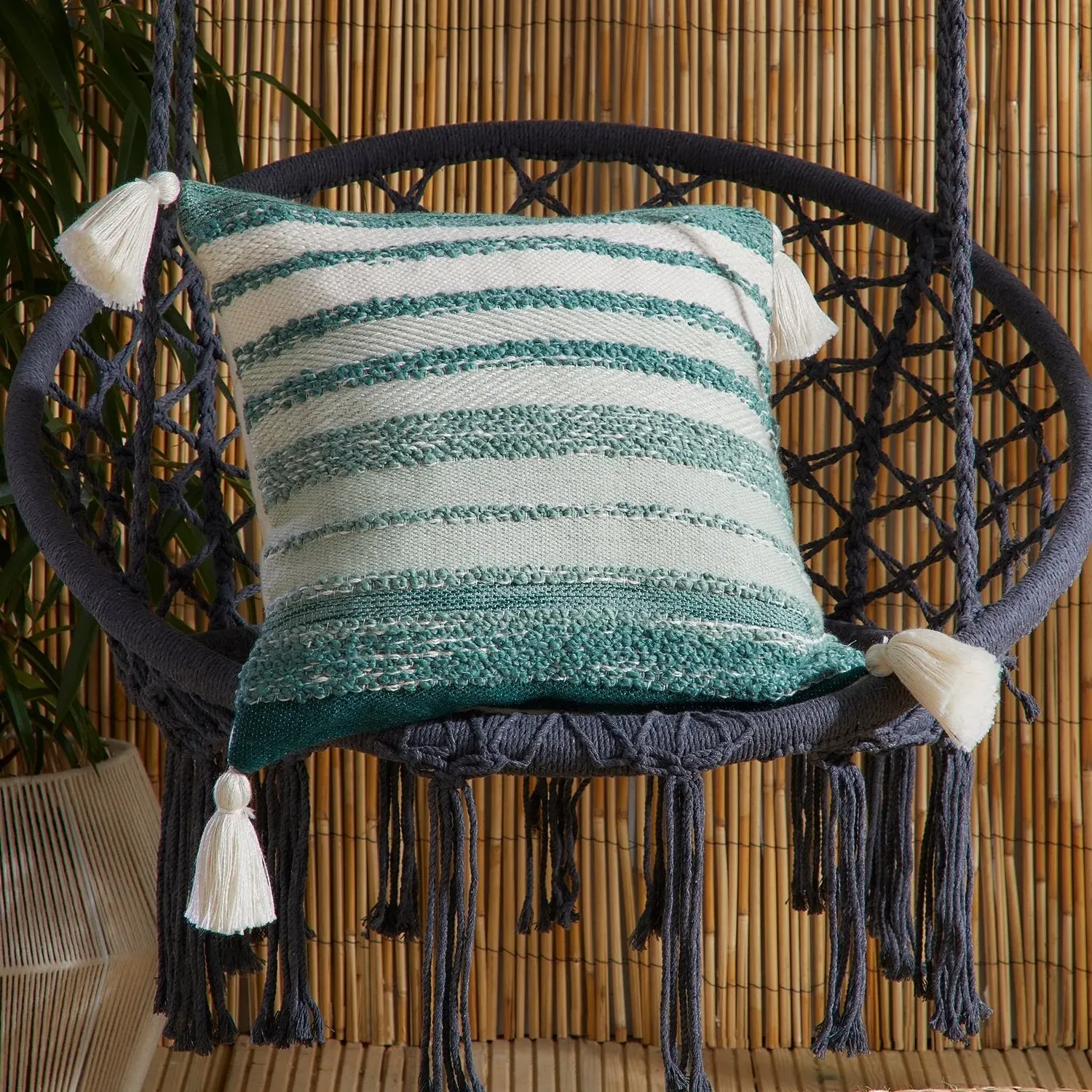 Square Outdoor Cushion with Tassels - Green, Chenille