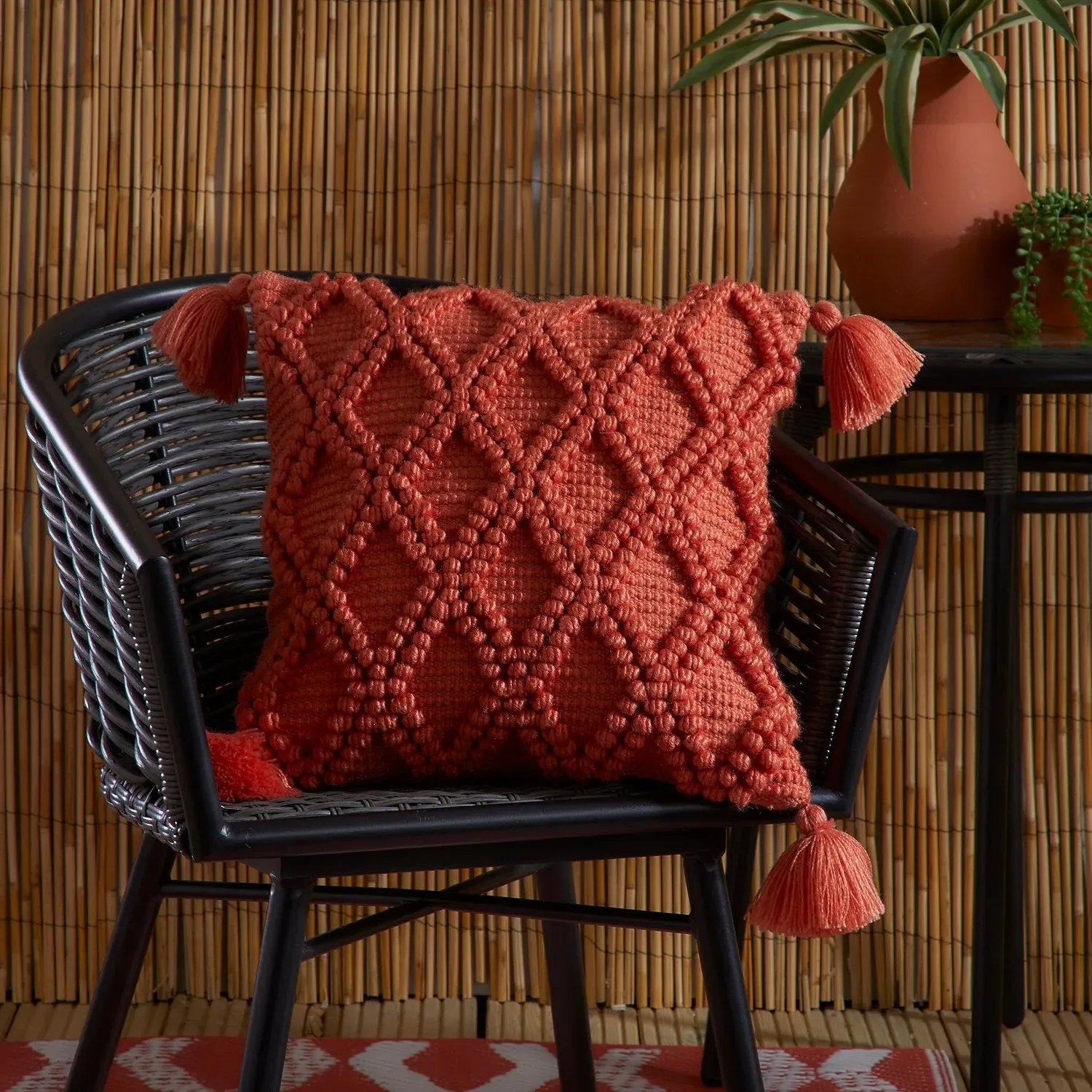 Square Outdoor Cushion with Tassels - Orange
