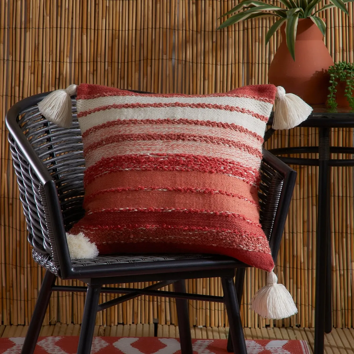 Square Outdoor Cushion with Tassels - Orange, Chenille