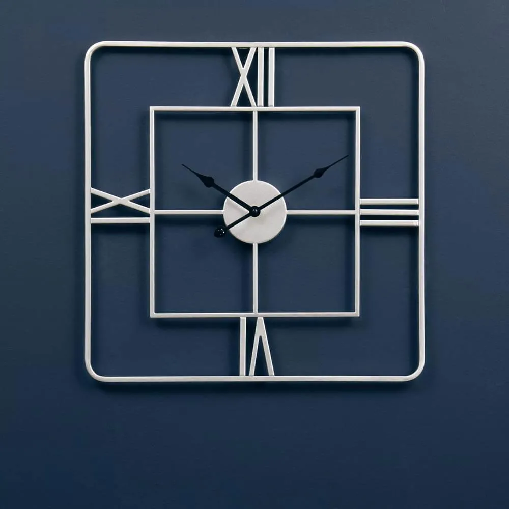 Square Wall Clock Double Frame - Silver, Metal