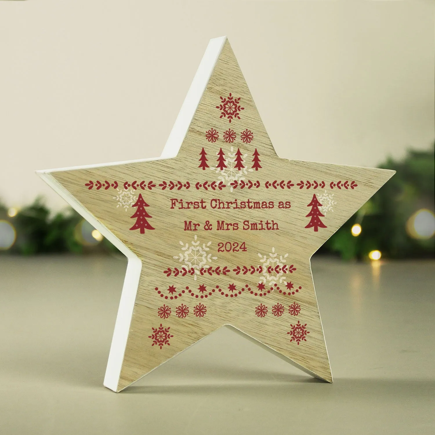 Star Ornament with Fair Isle Pattern - Brown, Wood