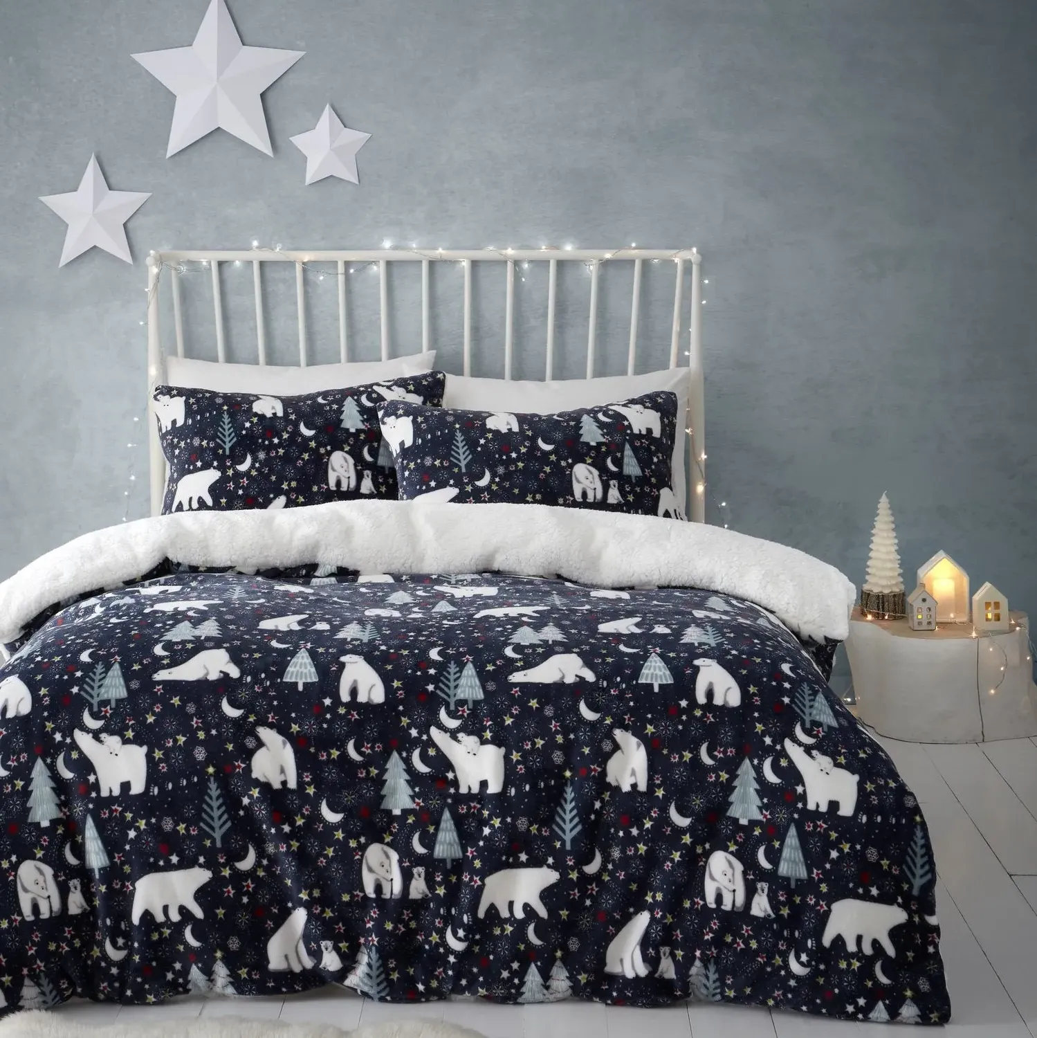 Starry Night Polar Bear Fleece Duvet Set - Single, Blue product