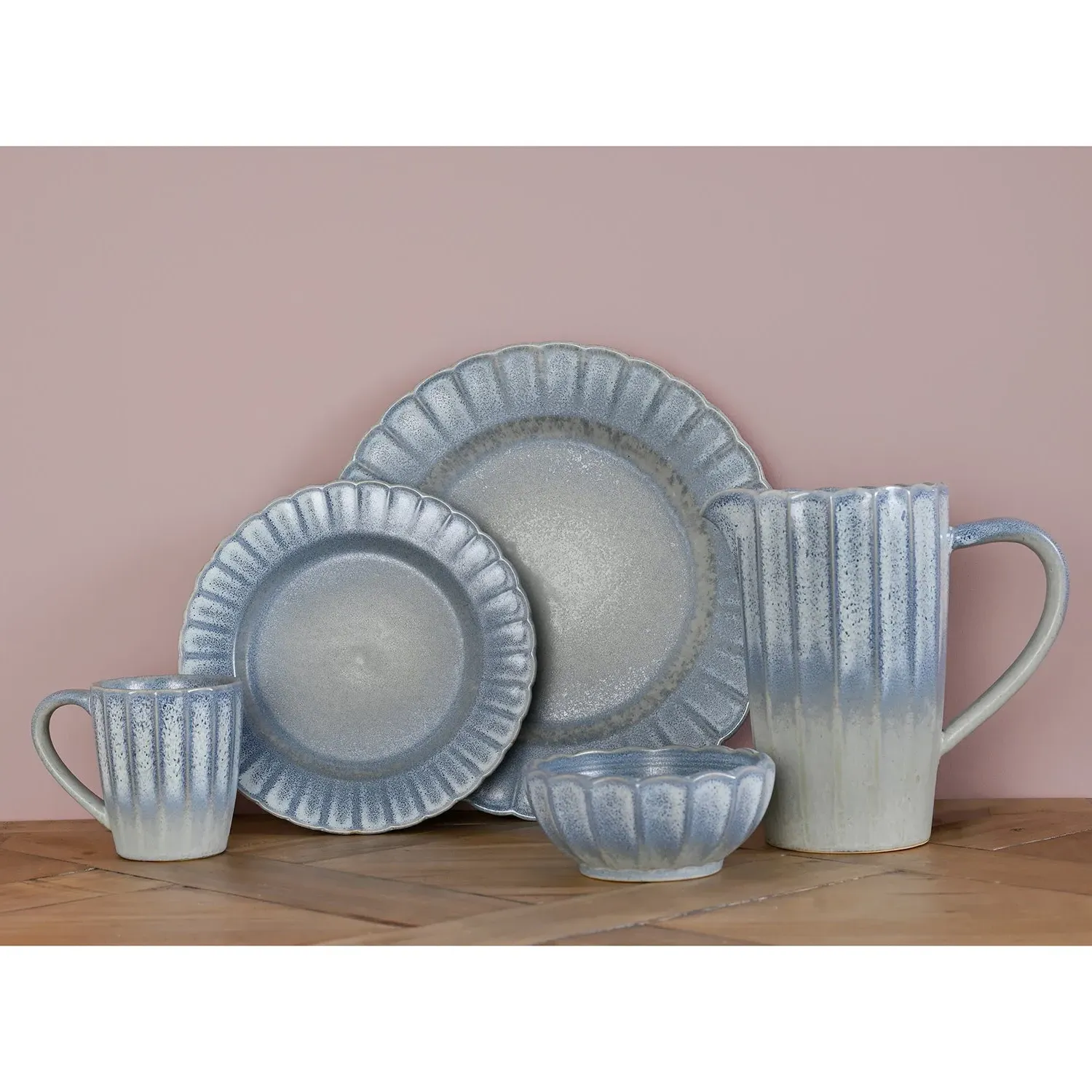 Stoneware Jug with Ribbed Pattern - Blue
