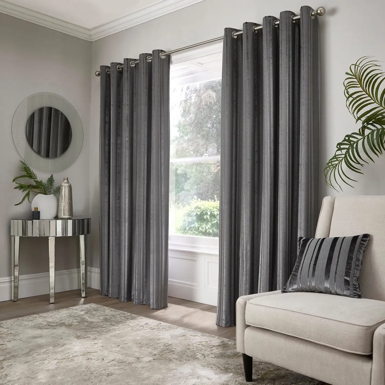 Stripe Eyelet Curtains - Grey, Velvet