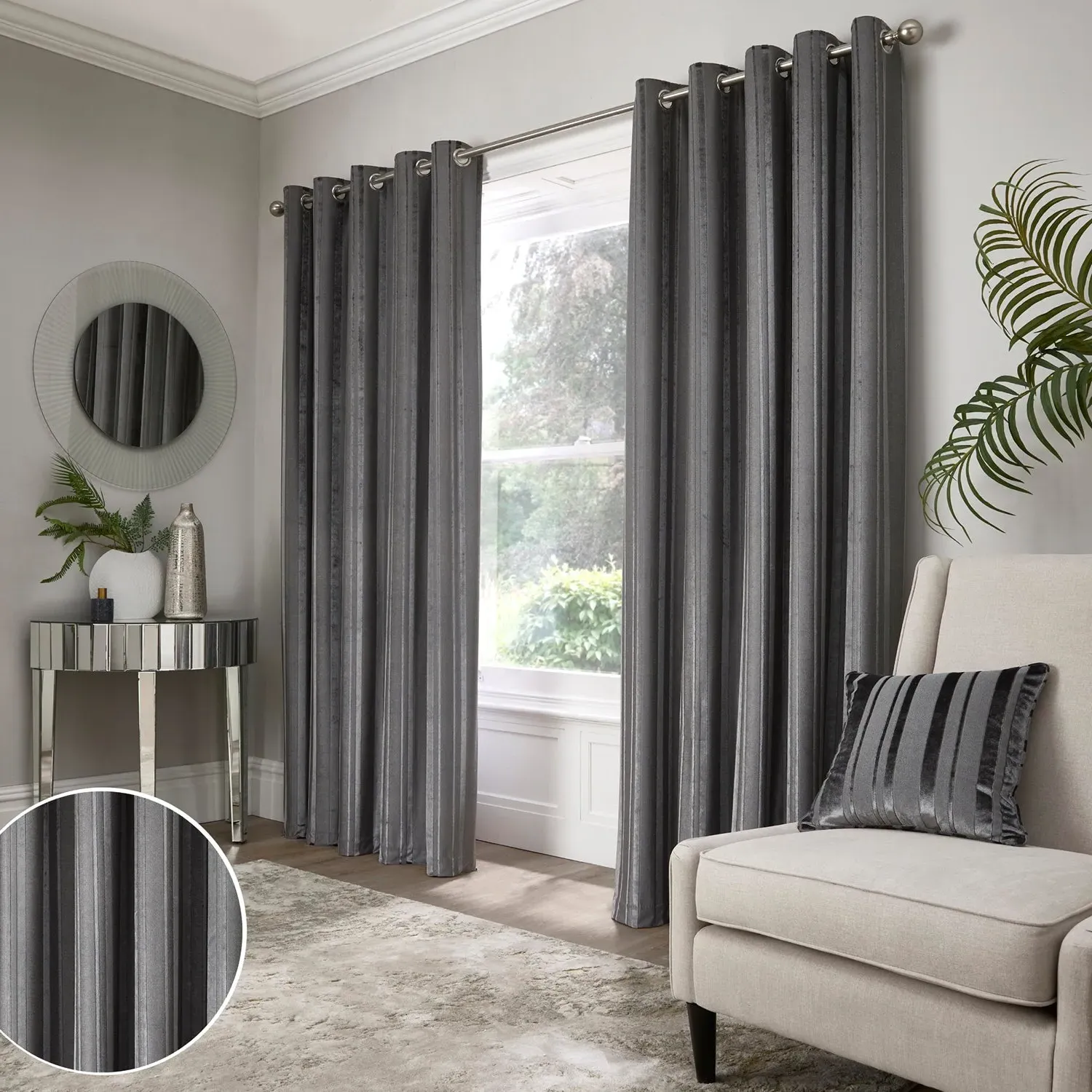 Stripe Eyelet Curtains - Grey, Velvet image