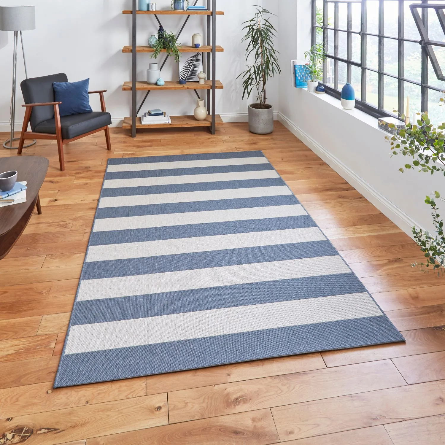 Stripe Outdoor Rug with Easy Clean - Blue, Polypropylene