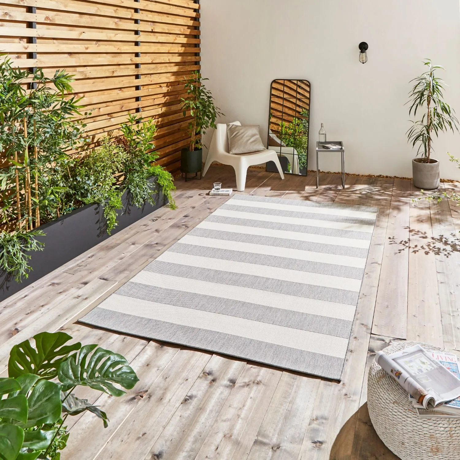 Stripe Outdoor Rug with Easy Clean - Grey, Polypropylene