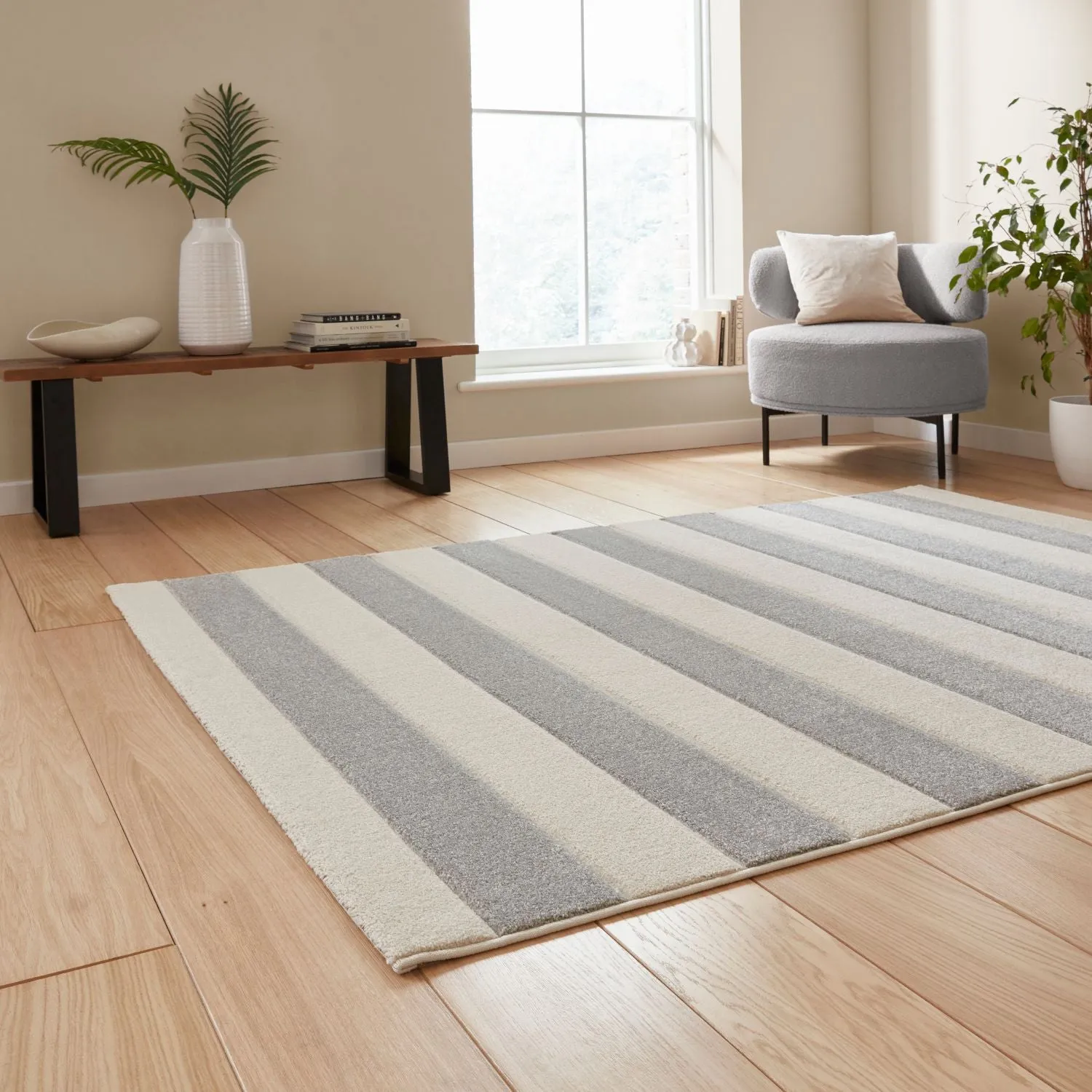 Stripe Rug with Hand-Carved Detail - Grey