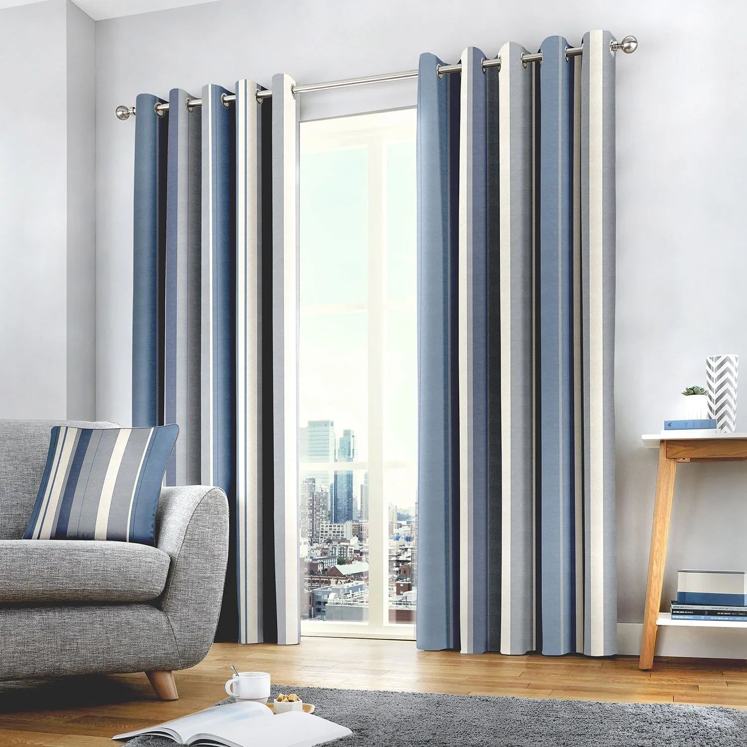 Striped Eyelet Curtains - Blue, Cotton