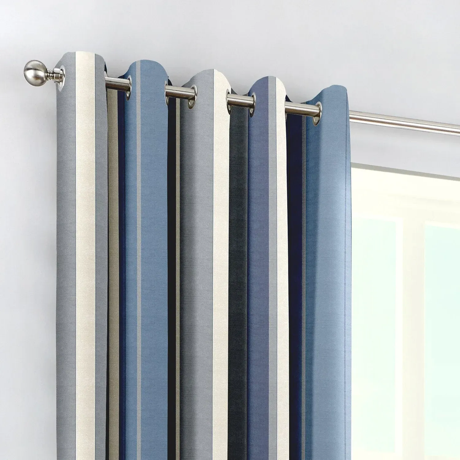 Striped Eyelet Curtains - Blue, Cotton image