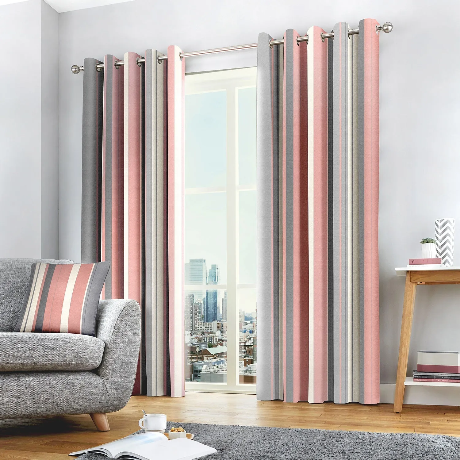 Striped Eyelet Curtains - Pink, Cotton