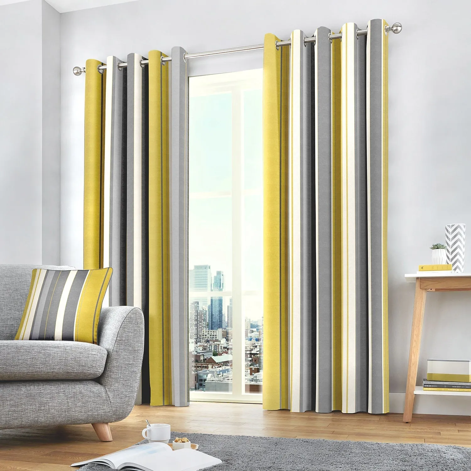 Striped Eyelet Curtains - Yellow, Cotton
