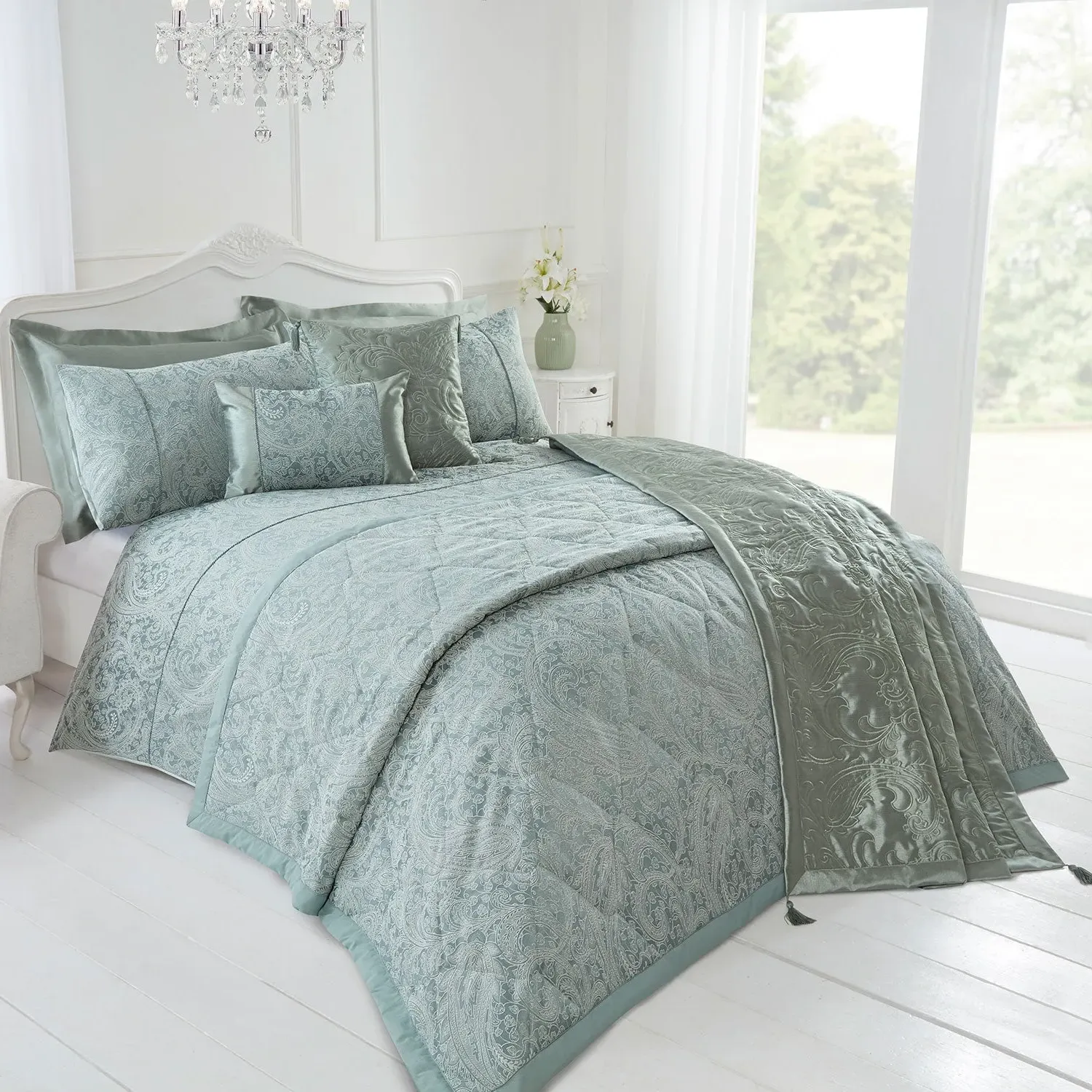 Super King Duvet Cover with Jacquard - Green, Cotton