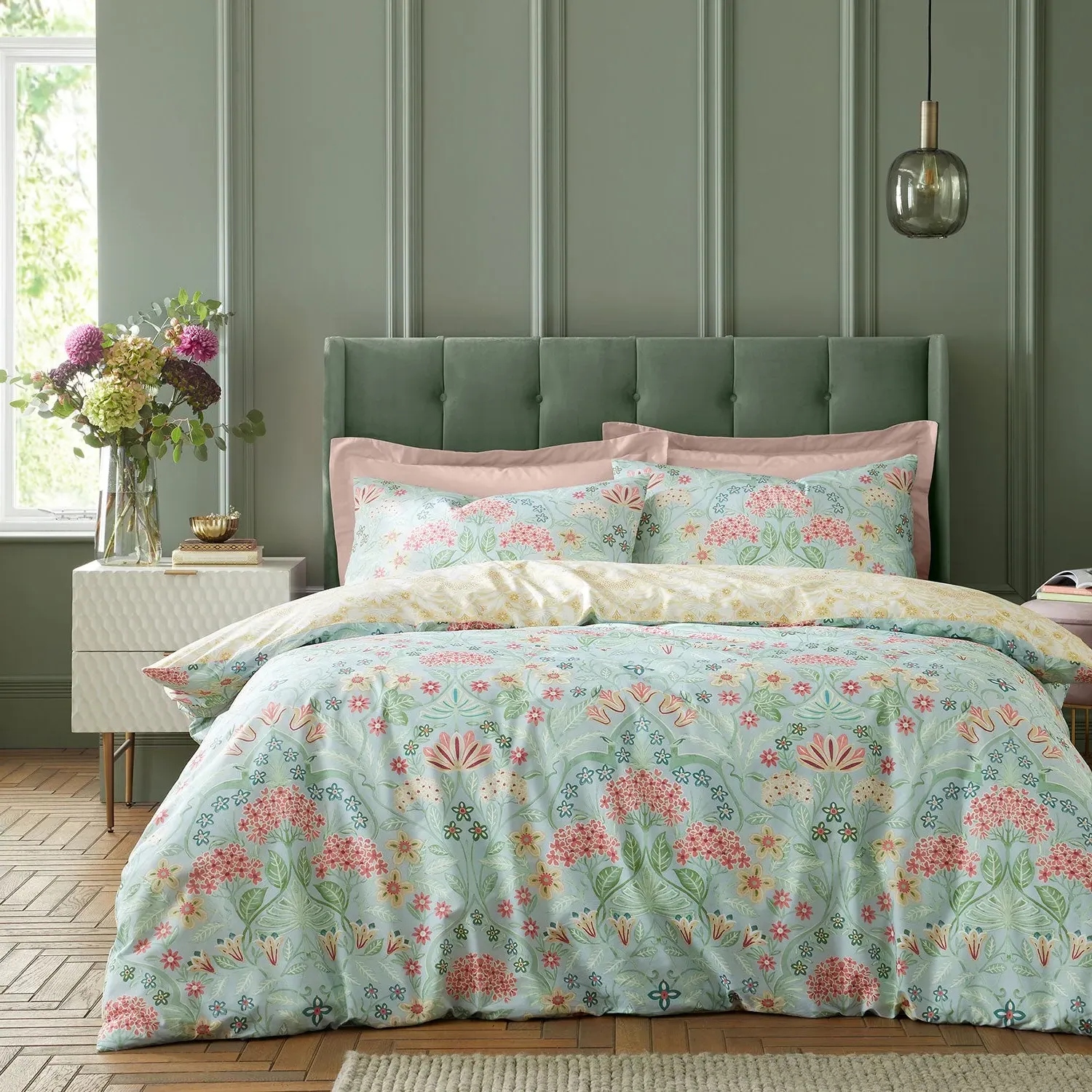 Super King Duvet Set Art Deco Hydrangea - Green, Cotton