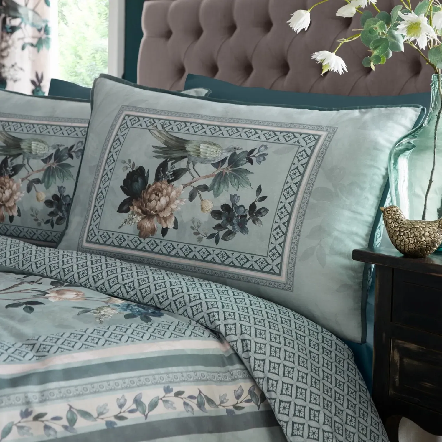 Super King Duvet Set Floral Print - Teal, Cotton