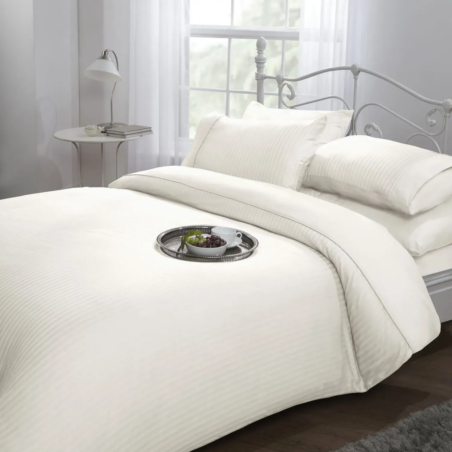 Super King Duvet Set Satin Stripe - Cream, Cotton