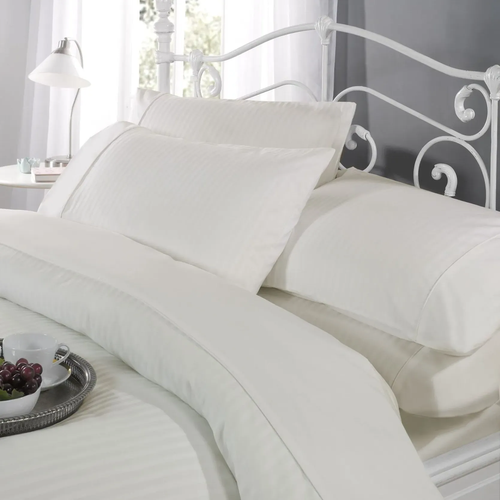 Super King Duvet Set Satin Stripe - Cream, Cotton