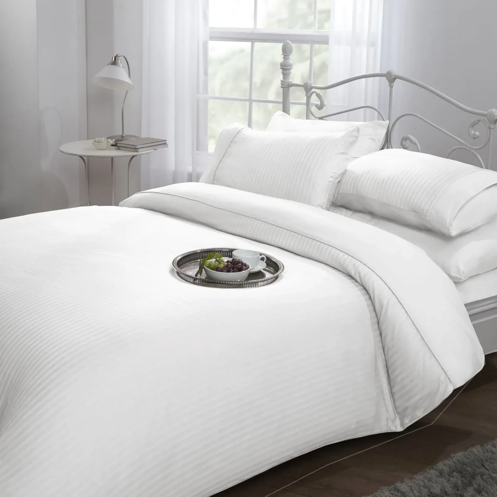 Super King Duvet Set Satin Stripe - White, Cotton