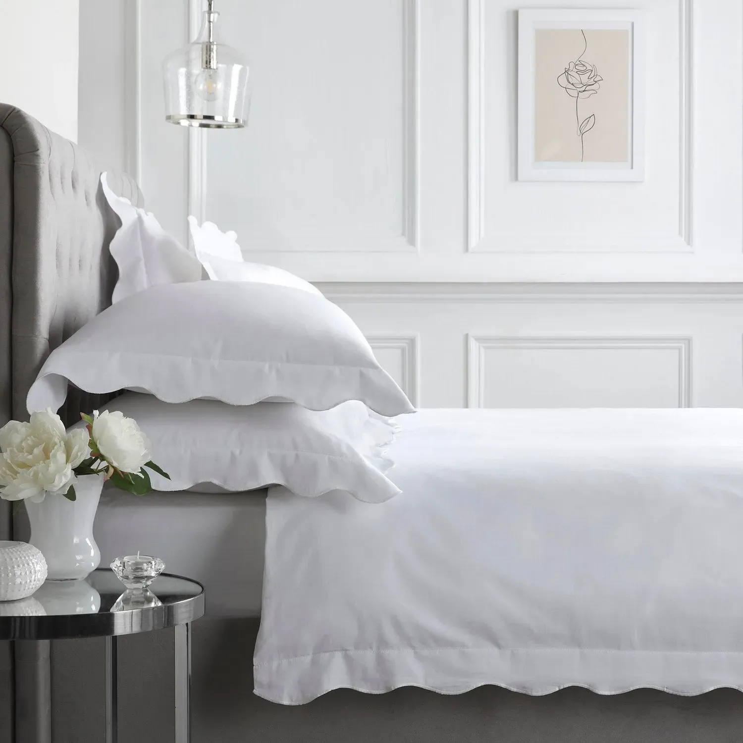 Super King Duvet Set Scalloped Edge - White Cotton