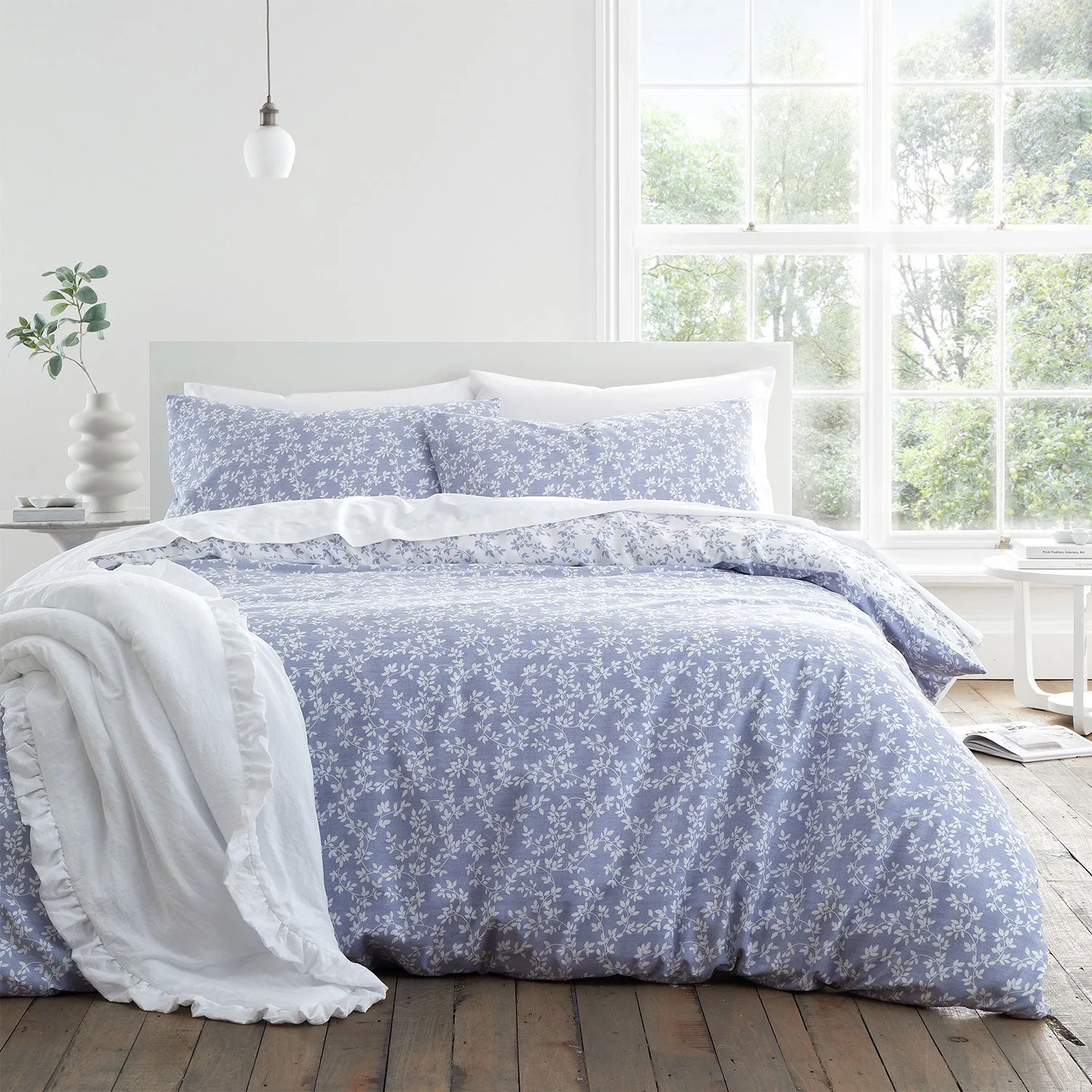 Super King Duvet Set Shadow Leaves - Blue, Cotton