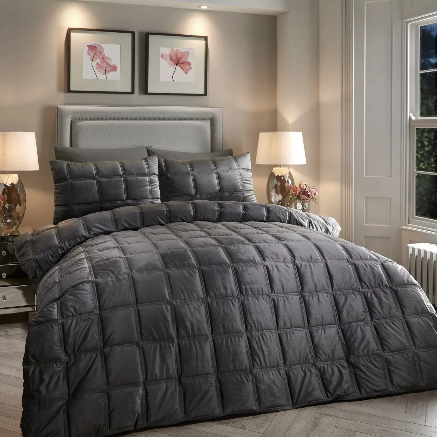 Super King Duvet Set Square Pattern - Grey, Velvet