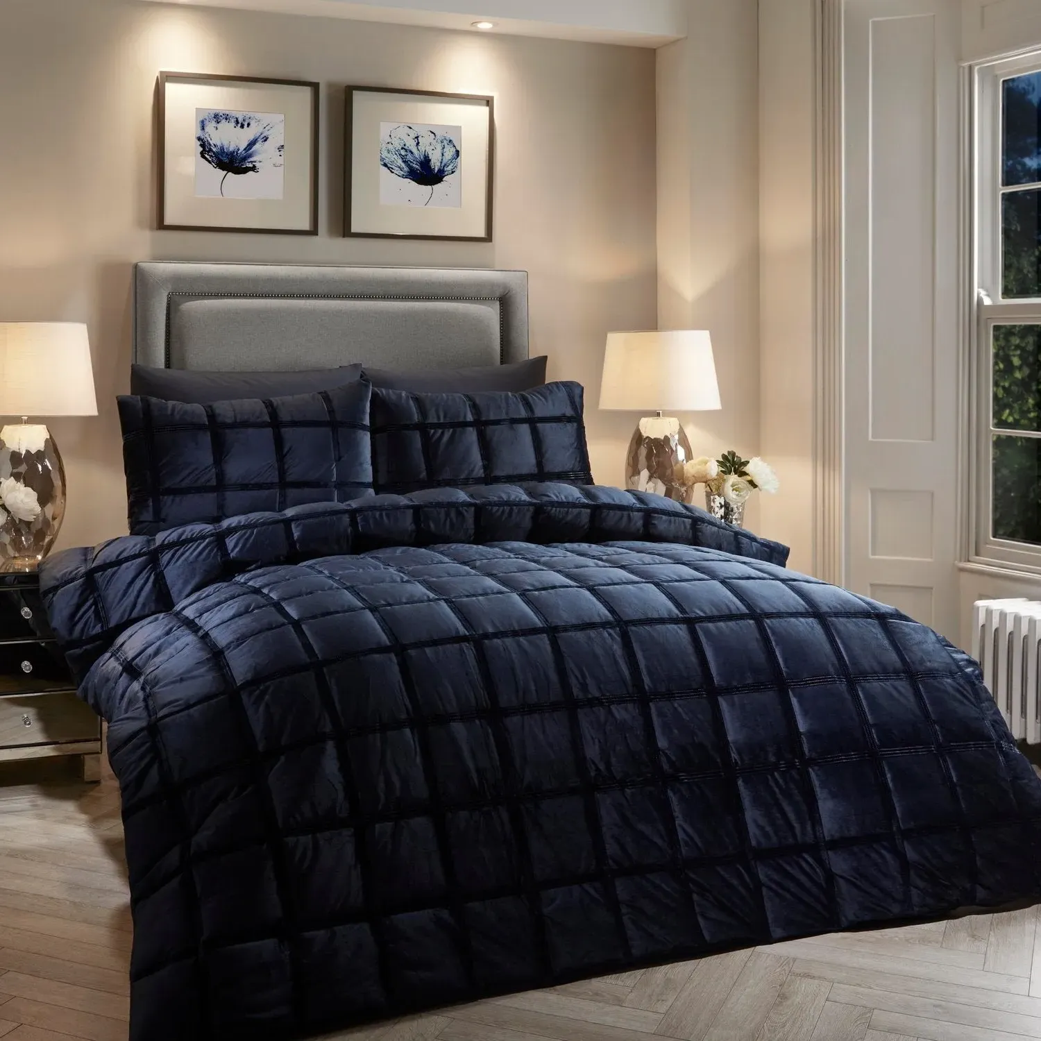 Super King Duvet Set Square Pattern - Navy, Velvet