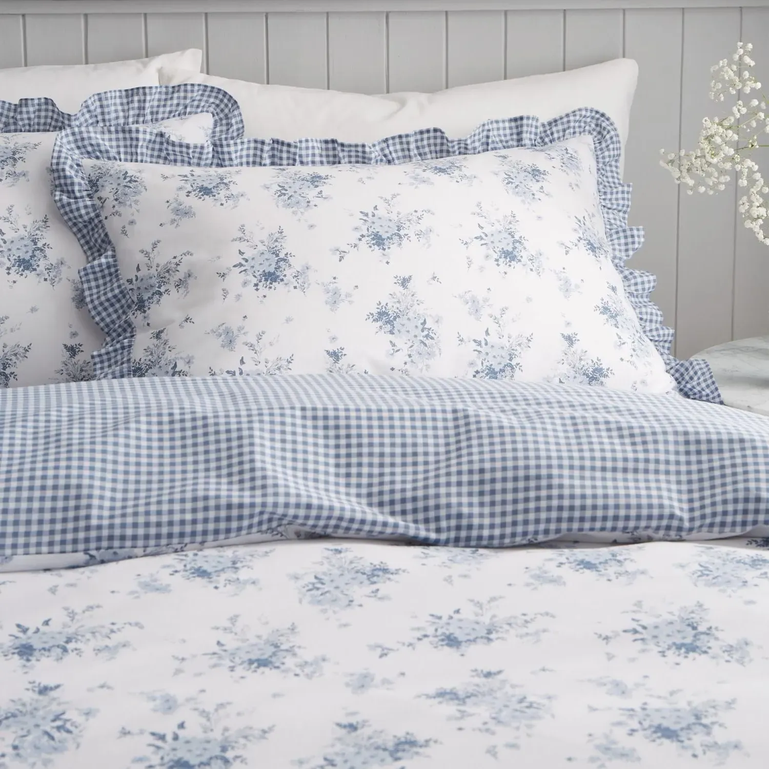 Super King Duvet Set with Frill - Blue, Cotton