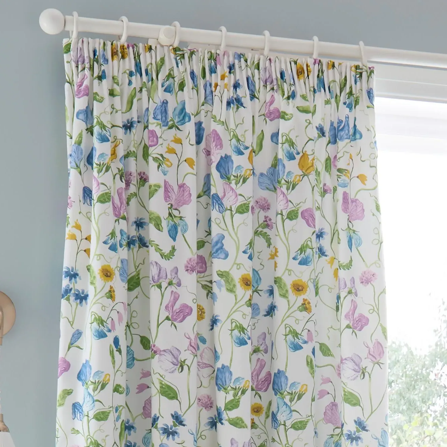 Sweet Pea Floral Cotton Pencil Pleat Curtains - Purple alternate view