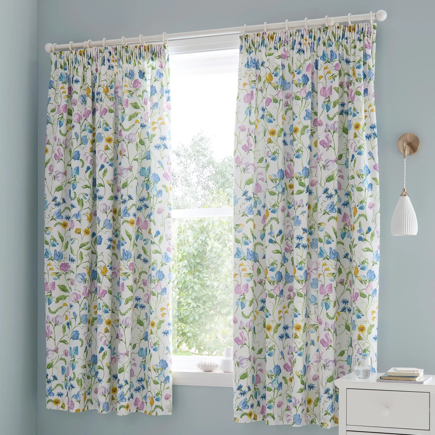 Sweet Pea Floral Cotton Pencil Pleat Curtains - Purple product