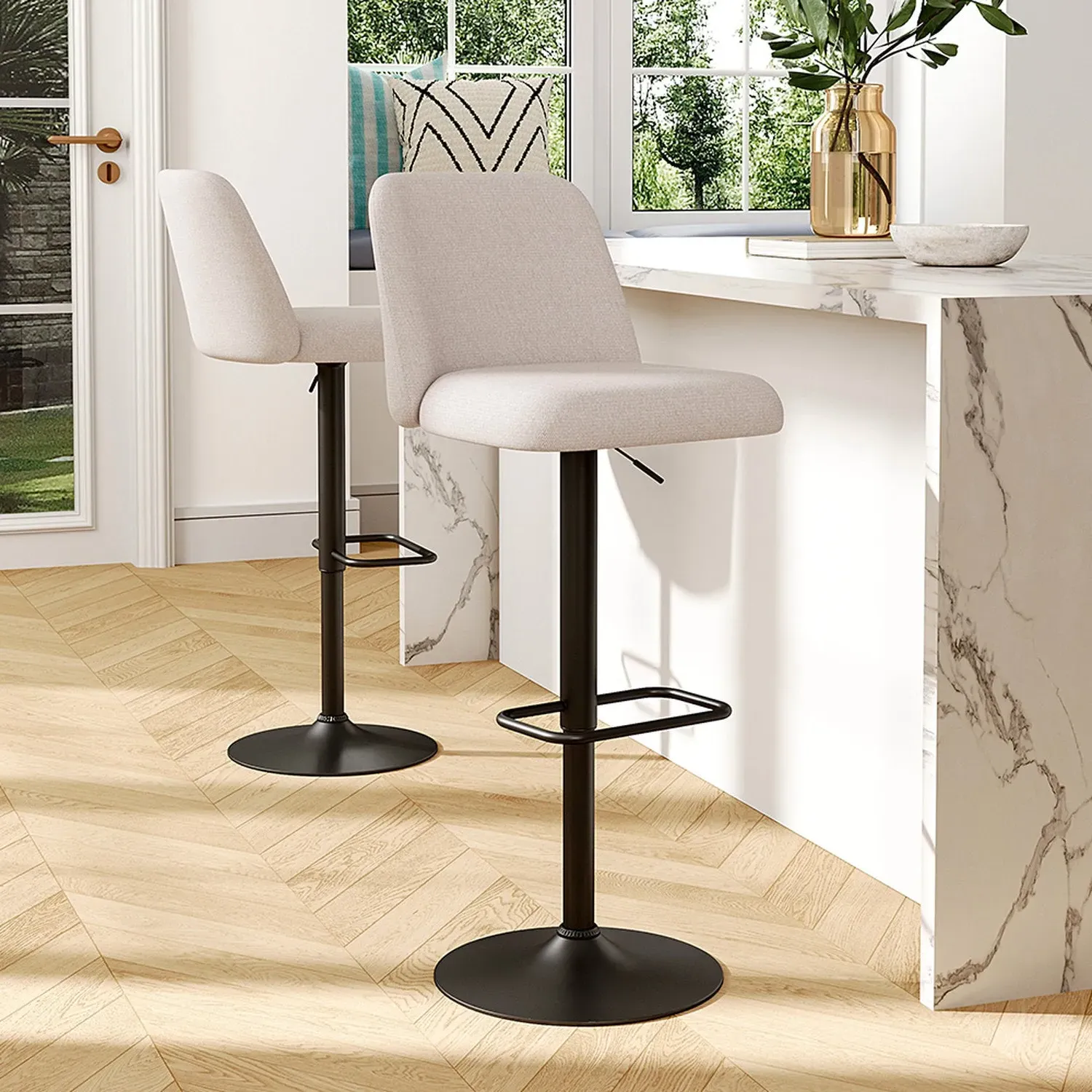 Swivel Bar Stools Set of 2 with Adjustable Height - Beige, Linen by Julian Charles, image 2