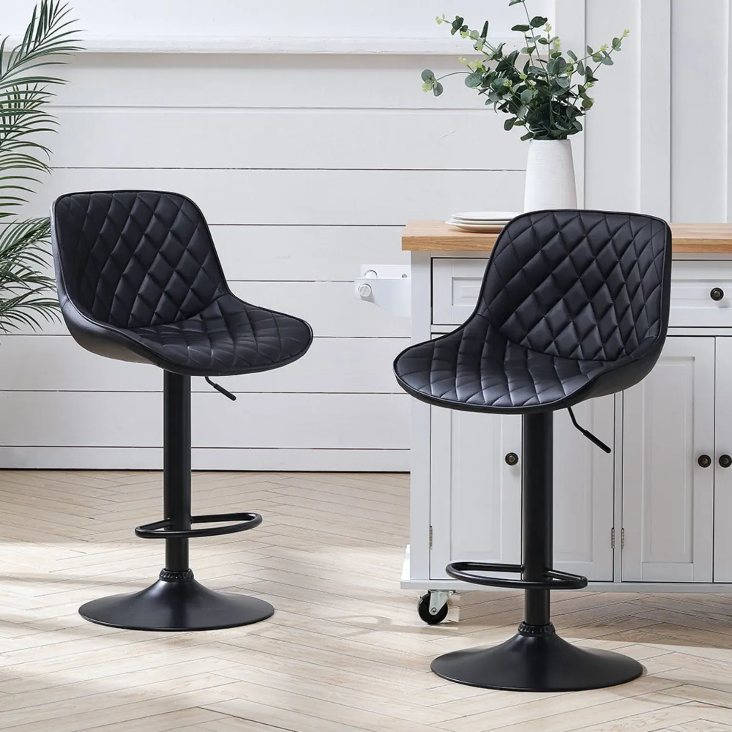 Swivel Bar Stools Set of 2 with Footrest - Black, Faux Leather product