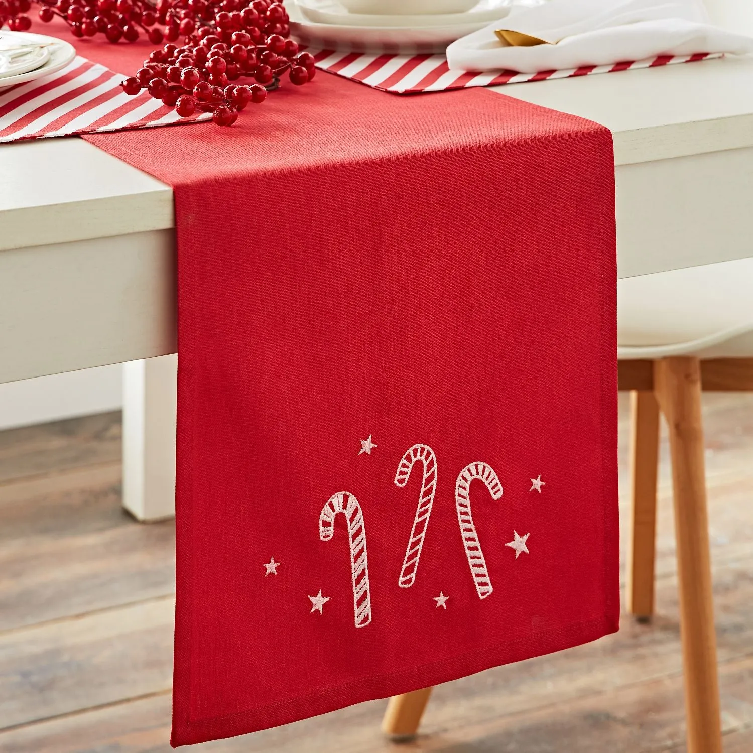 Table Runner Embroidered Candy Cane - Red, Cotton