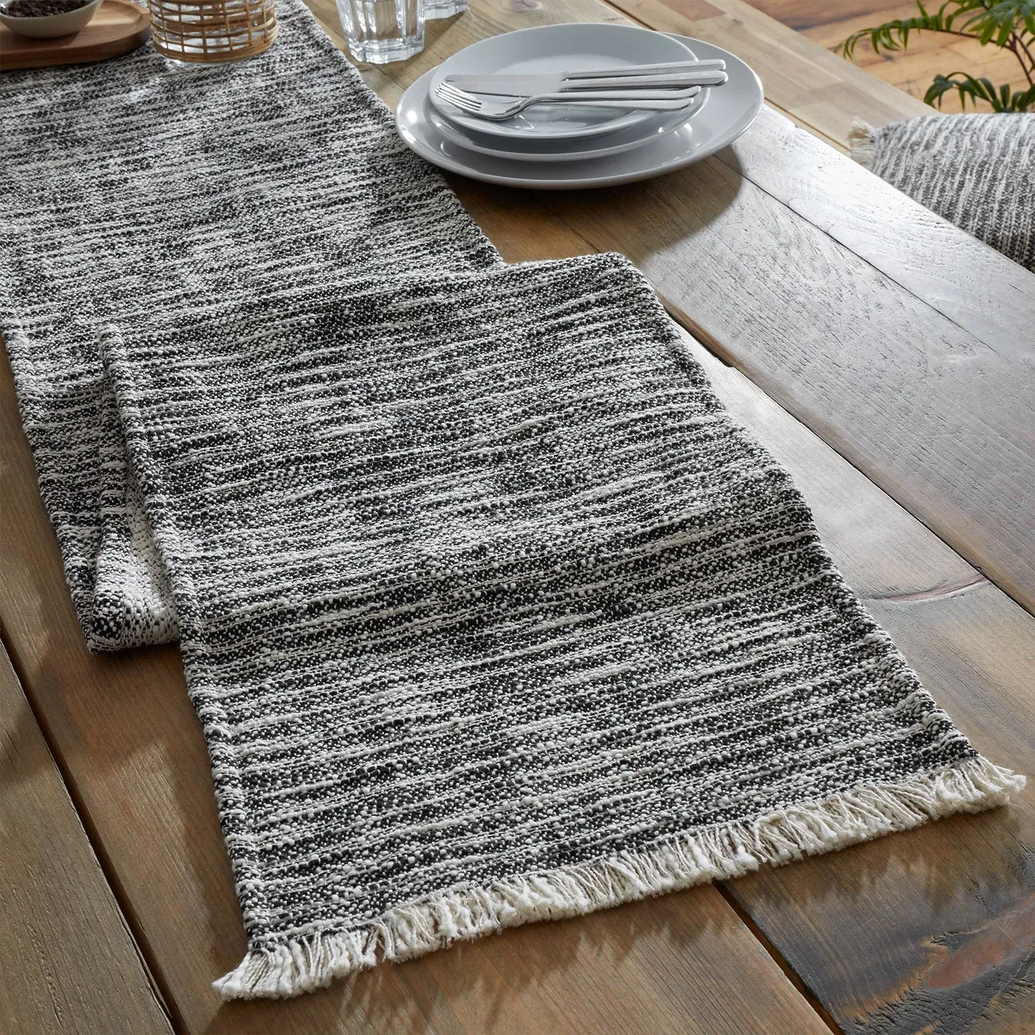 Table Runner Textured Frayed Edge - Black, Cotton