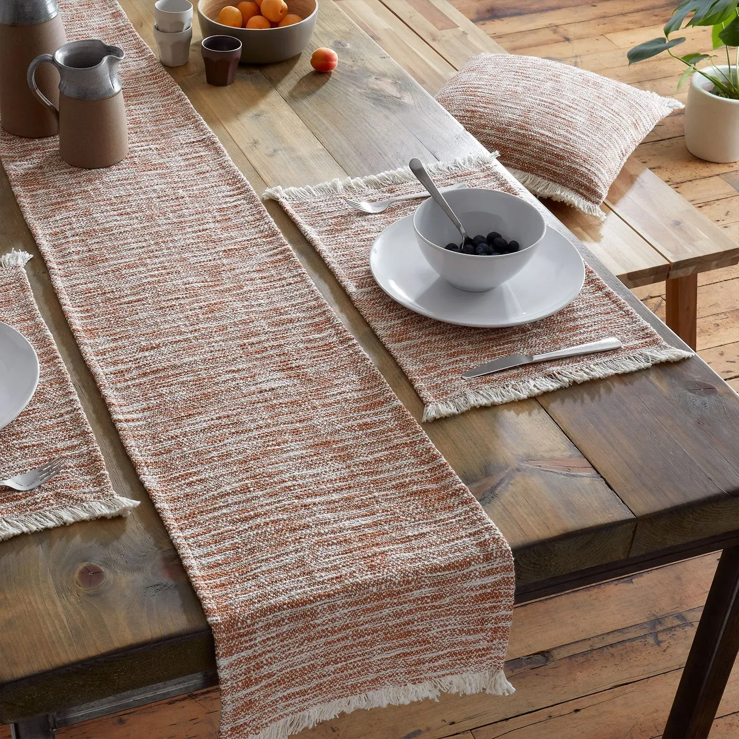 Table Runner Textured Frayed Edge - Orange, Cotton