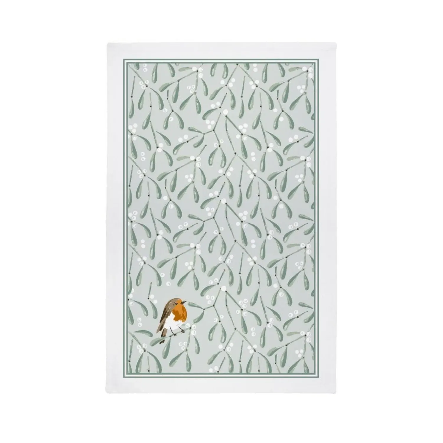 Tea Towel with Mistletoe Design - Green, Cotton