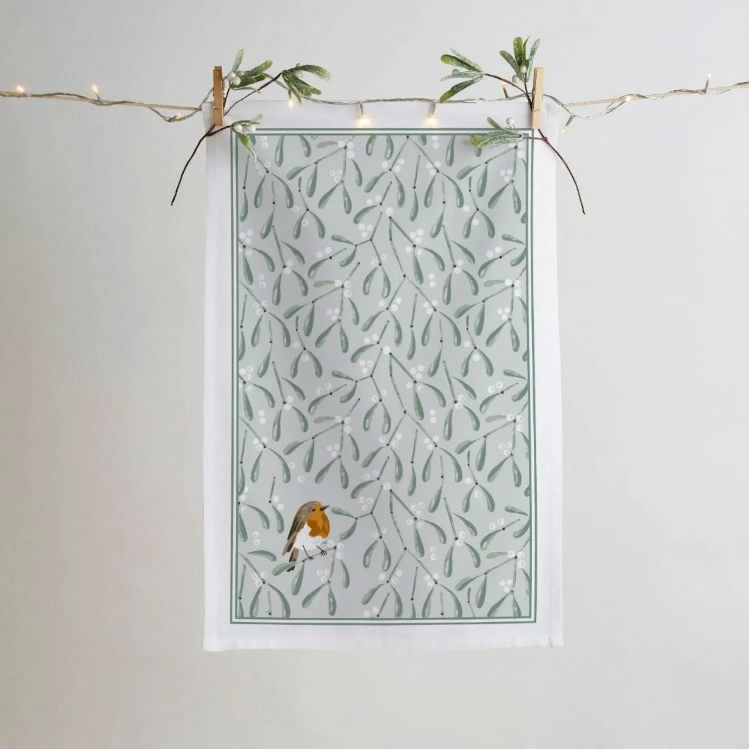 Tea Towel with Mistletoe Design - Green, Cotton image
