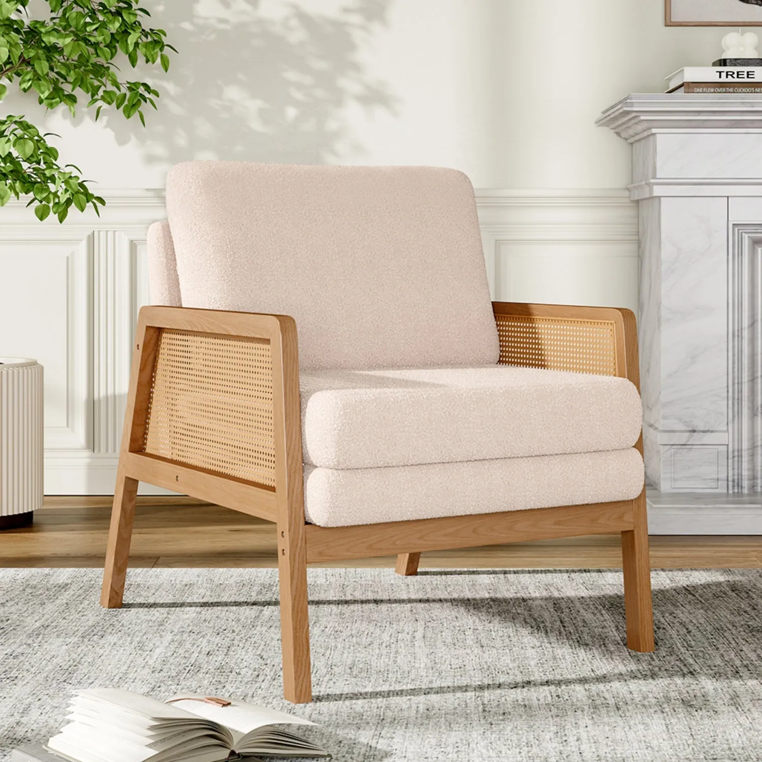 Teddy Fleece Armchair with Rattan Panels - White product