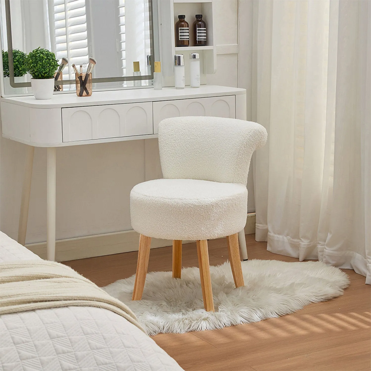 Teddy Fleece Vanity Stool with Curved Backrest - White by Julian Charles, image 2