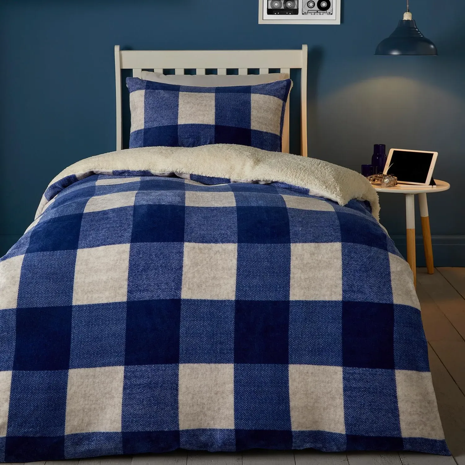 Single Duvet Set Check Pattern - Blue, Fleece product