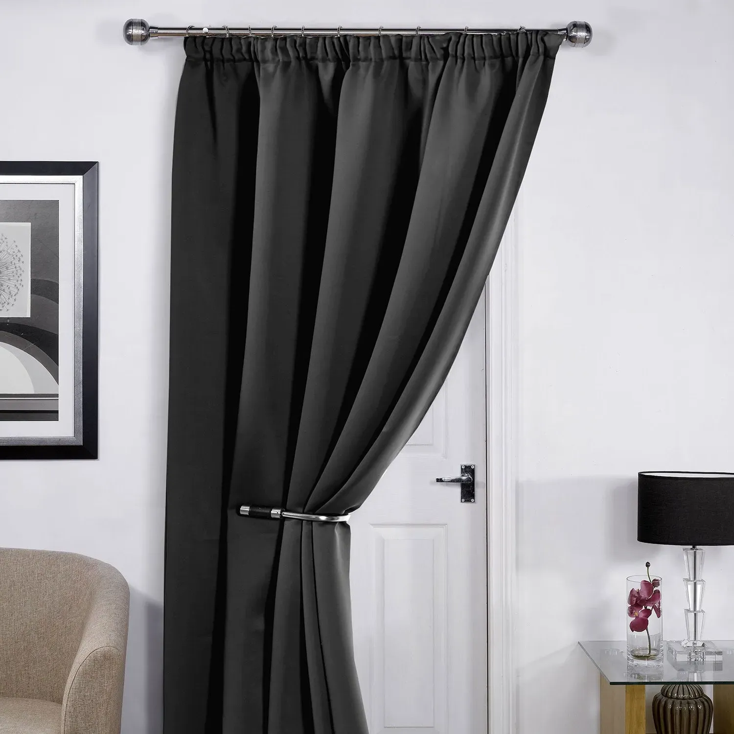 Thermal Blackout Door Curtain - Black, Polyester