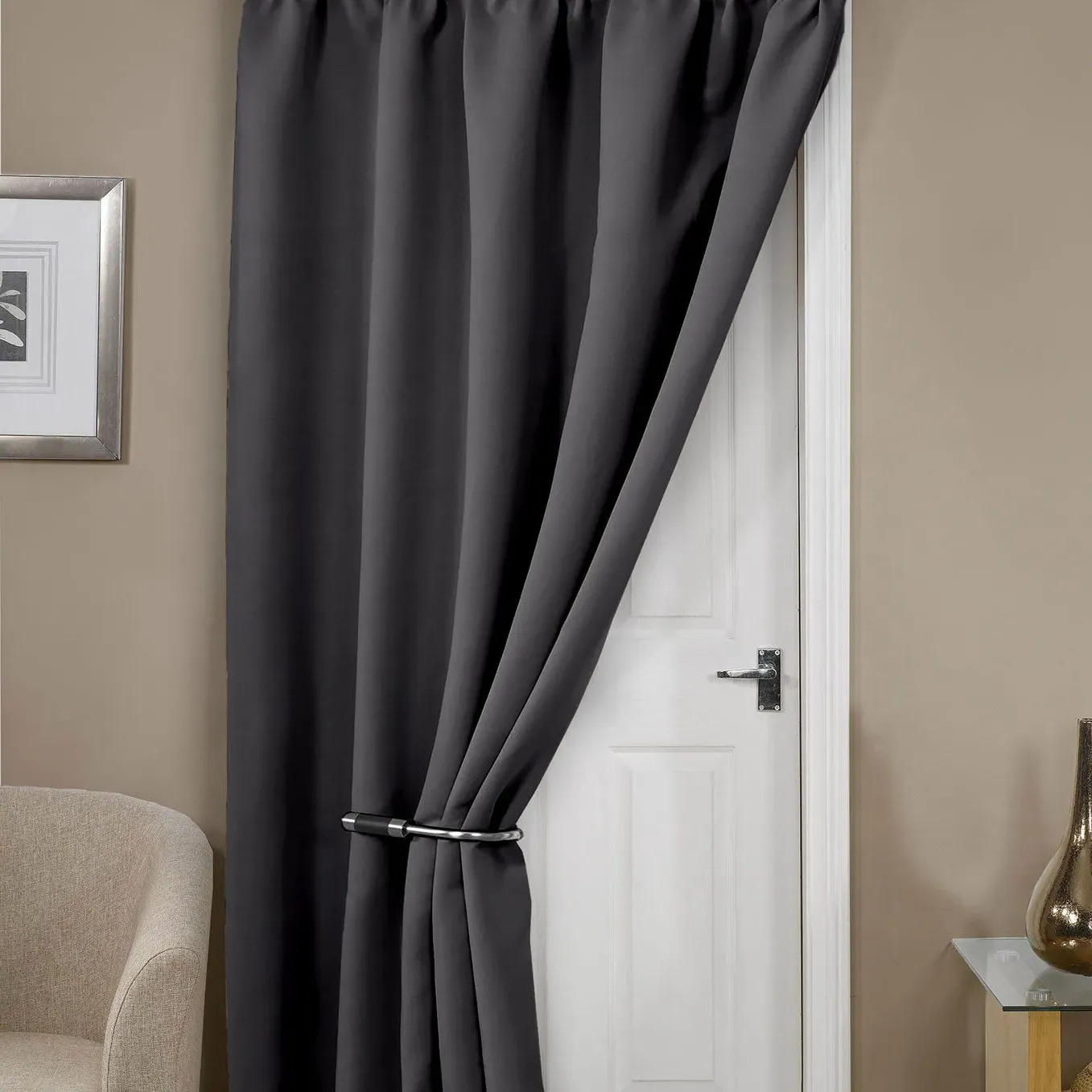 Thermal Blackout Door Curtain - Grey, Polyester