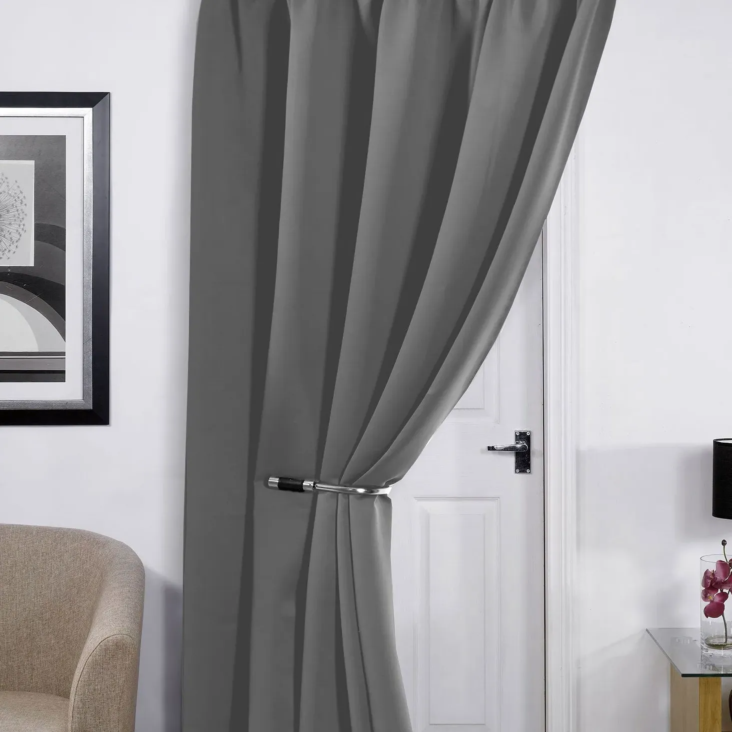 Thermal Blackout Door Curtain - Silver, Polyester