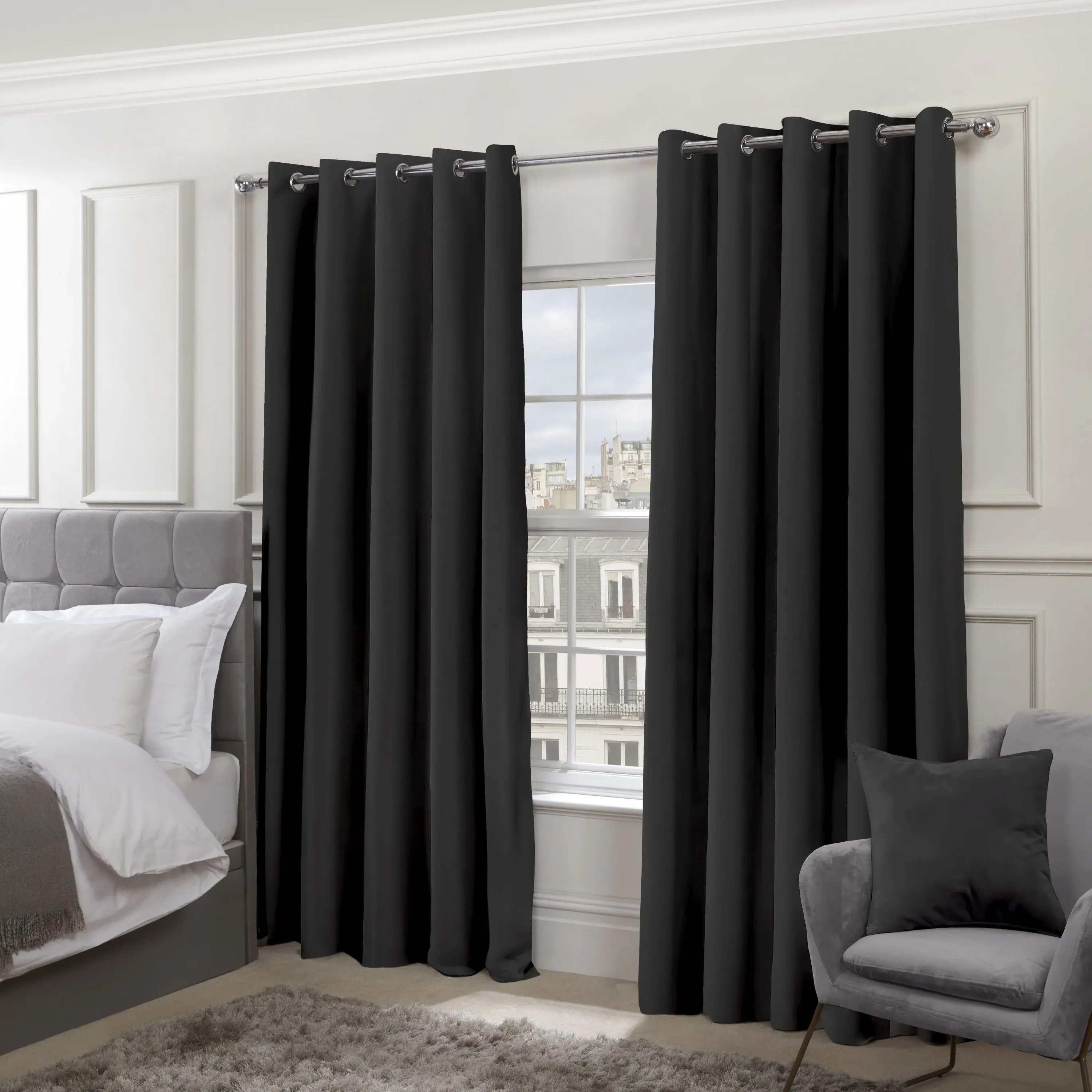 Thermal Blackout Eyelet Curtains - Black, Polyester
