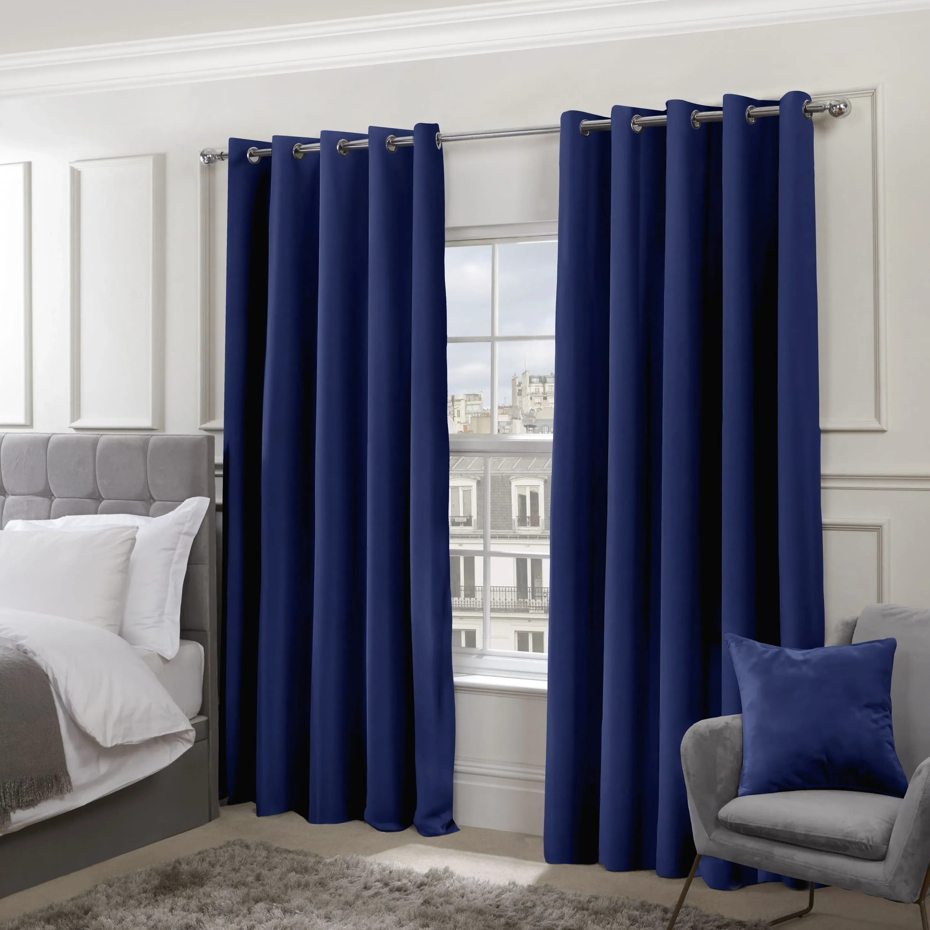 Thermal Blackout Eyelet Curtains - Blue, Polyester
